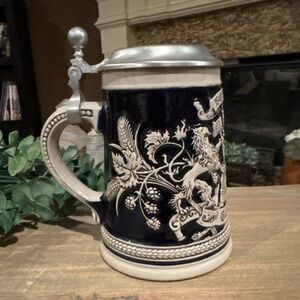 Vintage Beer Stein Original Gerzit Gerz West German Pictorial Cobalt Blue w/ Lid